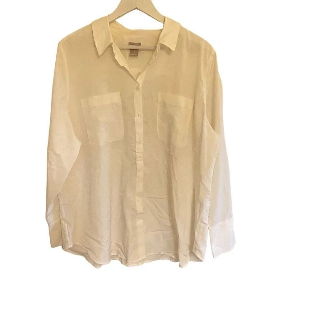 Chico’s White texture long sleeve button down women’s XL size 16/18 blouse caree